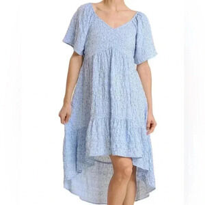 Umgee High Low Hem Dress With Smocked Detail And Back Cut Out Blue Floral Large